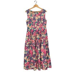 Vintage Laura Ashley Multicolor Floral Sleeveless Midi Dress